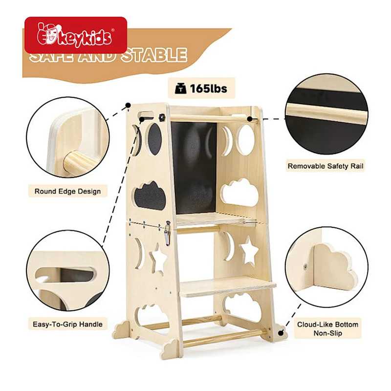 4 in 1 Foldable Wooden Kids Kitchen Bathroom Counter with Adjustable Height & Safety Rail W08G401
