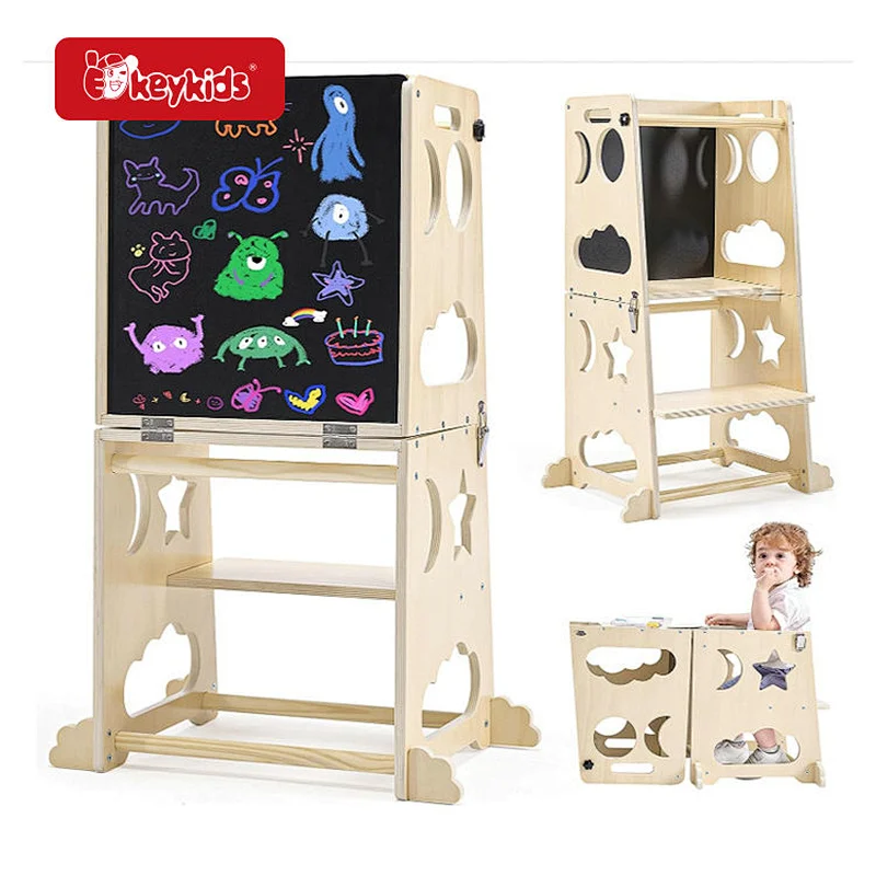 4 in 1 Foldable Wooden Kids Kitchen Bathroom Counter with Adjustable Height & Safety Rail W08G401